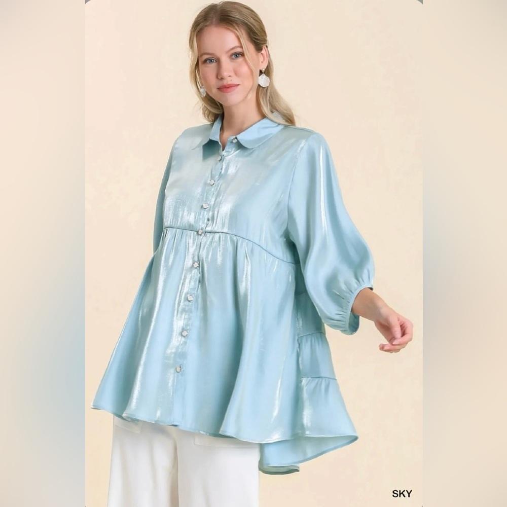 Umgee Sky Blue Shiny Button-Front Babydoll Blouse